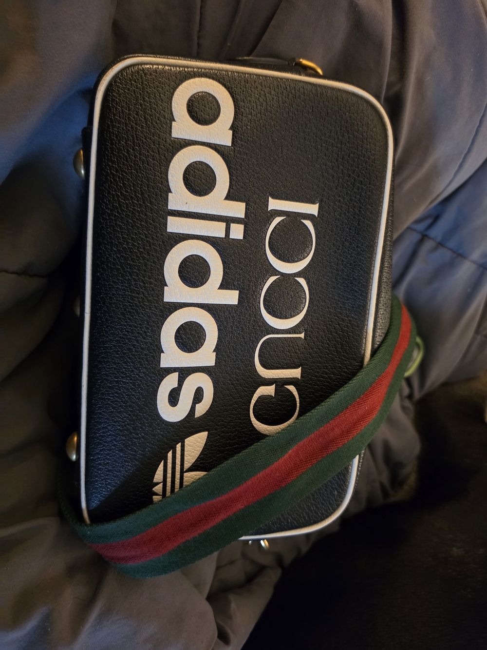 Gucci/Adidas Black Leather Crossbody with Red & Green Web Strap
